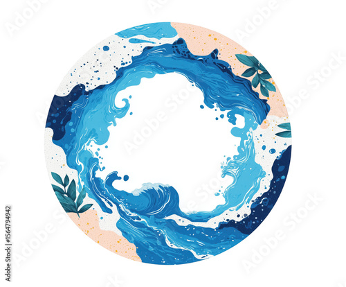 Circular design featuring swirling blue waves surrounded by soft pastel colors and green leaves, creating a natural, tranquil scene. Concept of harmony and fluid motion in nature

