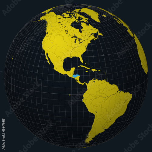 Republic of Honduras on Globe. Country view on the world map in Charcoal Bright Yellow color palette. Honduras shape on map. Globe with meridians, parallels, countries, rivers and lakes.
