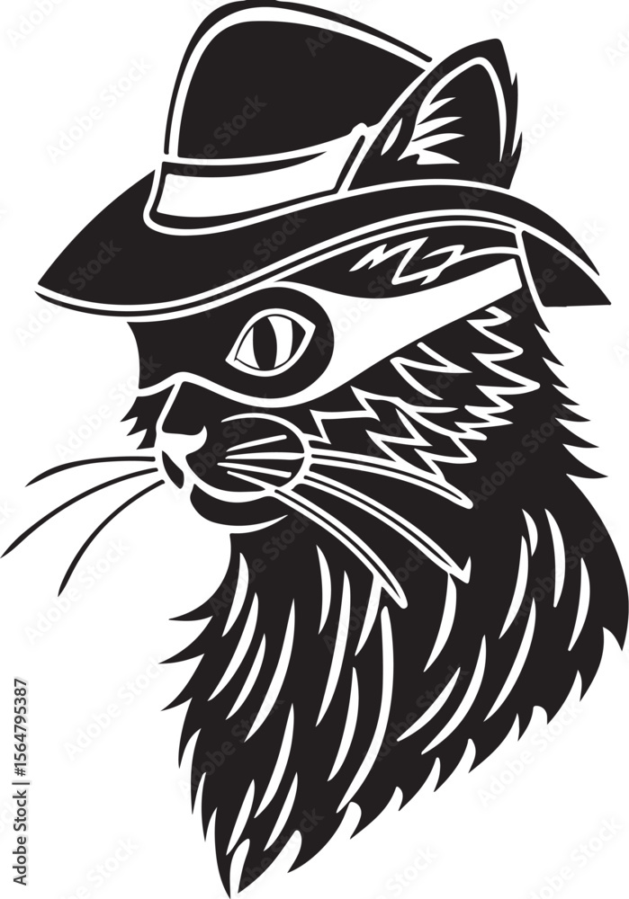 Obraz premium A cat wearing a hat and mask vector design, cat silhouette, cat transparent background