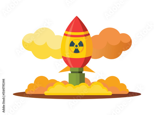 Stylized cartoon nuclear rocket launching with smoke and clouds against a white background
