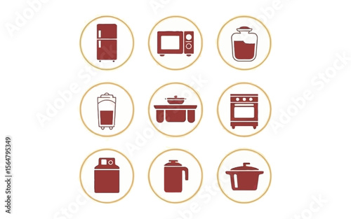 Kitchen appliances and cookware icons refrigerator microwave