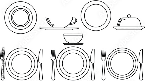 Minimalist line drawing of dining ware and place settings plate saucer