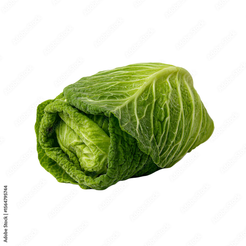 Fototapeta premium Fresh green savoy cabbage with textured leaves isolated on transparent background for healthy eating