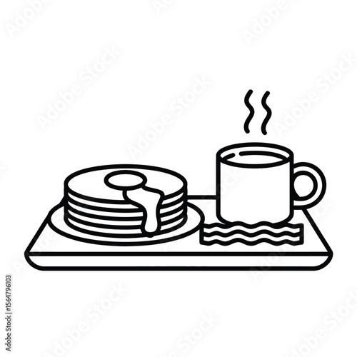 Stacked pancakes with syrup and hot coffee on tray breakfast