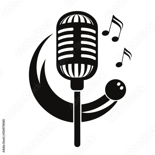 Black and white retro vintage microphone vector icon on white background.