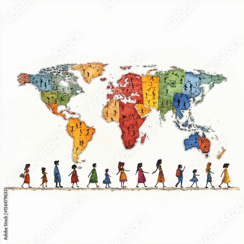 Colorful World Map with Diverse People Walking Illustration