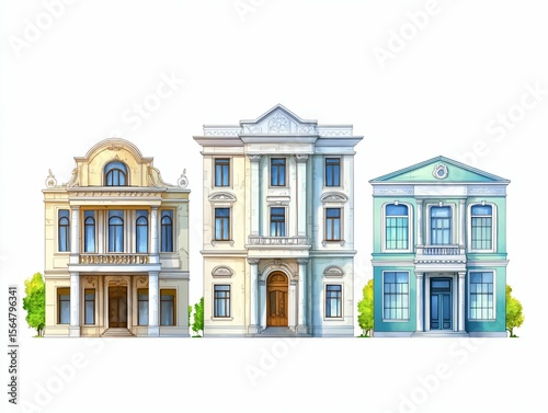 Architectural Illustration of Three Distinct Vintage Buildings