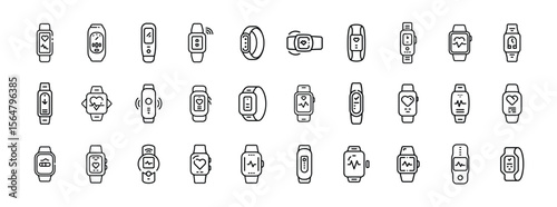 Smartwatch, fitness tracker, wearable technology and health monitoring minimal thin line web icon set. Outline icons collection. Simple vector illustration.