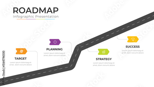 Modern Business Roadmap Infographic Template – 4 Step Target, Planning, Strategy, Success Milestone Route Map & Growth Timeline Presentation Design