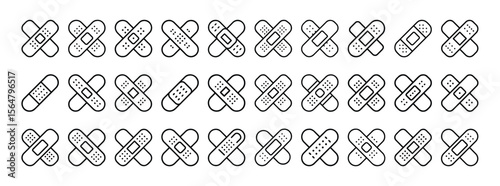 Bandage, medical patch, adhesive plaster, wound care and first aid minimal thin line web icon set. Outline icons collection. Simple vector illustration.