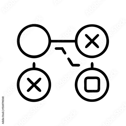 Illustration of a network diagram with circles crosses squares and dashed lines connecting nodes together