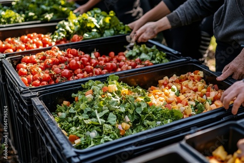 Food waste environmental concept: People disposing of food waste in bins, preparing it for decomposition and reducing environmental impact, Generative AI