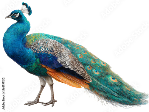 The resplendent male peacock stands proudly, isolated on a white background