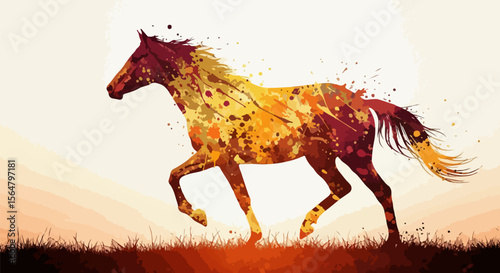  a galloping horse in a burst of warm sunset ink. Power meets poetry in motion.