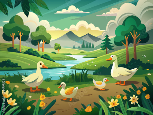 vector of The ducks roam freely in the green field in the cloudy weather.