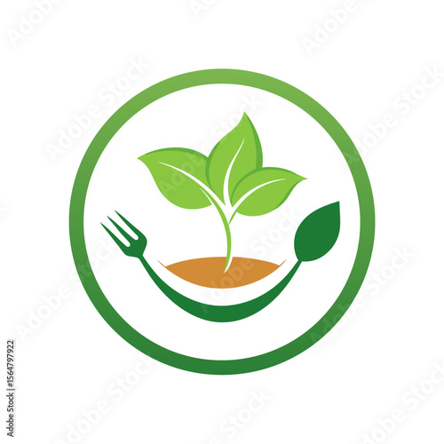 Organic salad food logo sign design. Plate with leaf vector icon on white background.