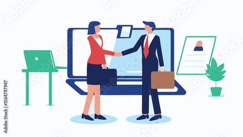 Illustration of a man and woman shaking hands in front of a large computer screen and office setting