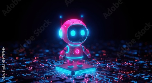 Adorable Neon Robot Character on Microchip Technology Background