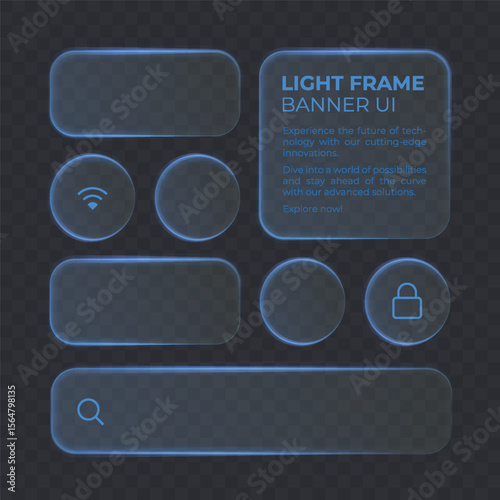 Liquid glass smartphone interface isolated. Blue ui light frame square and circle banner with shine stroke. Control center widget for smartphone and web app, vector illustration.