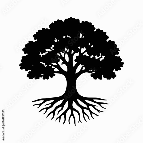 Tree silhouette vector, nature graphic, large tree art, elegant tree design, spreading branches shape, eco logo vector, forest decor graphic, detailed tree outline, landscape icon.
