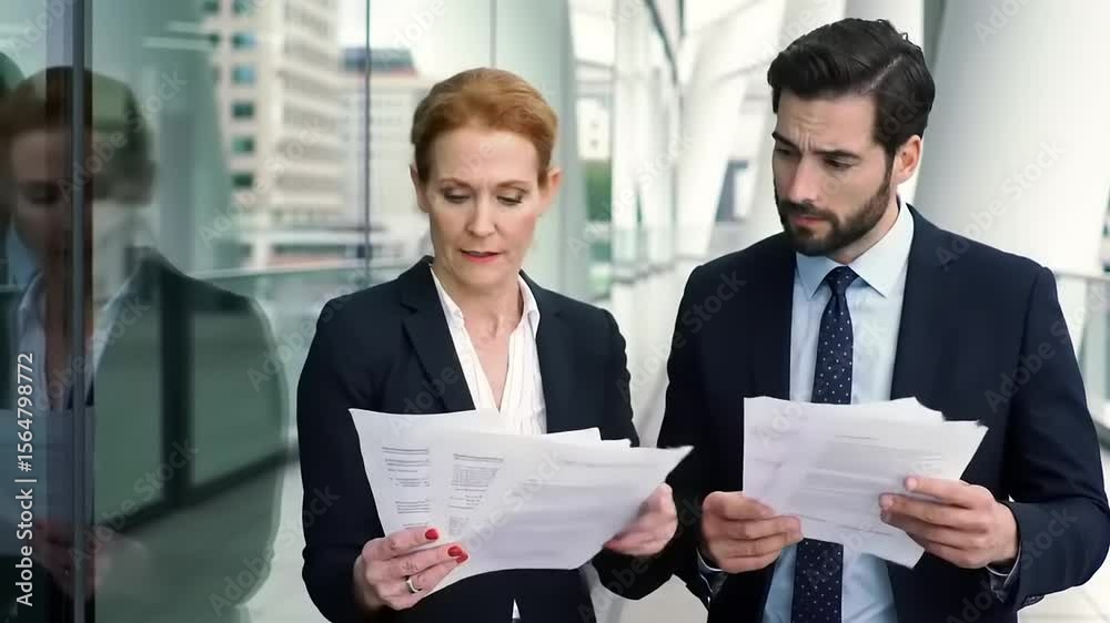 Businesspeople reviewing documents outdoors. Businesspeople reviewing documents outdoors.