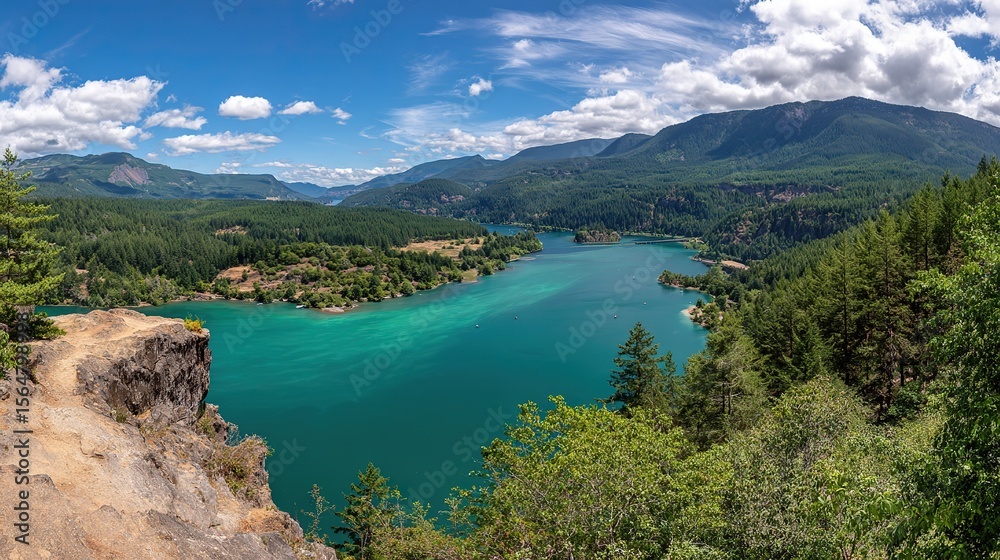 Obraz premium A turquoise blue lake surrounded by greenery, mountains, and forests that from a bird's-eye view, captures in daylight with natural light, creating a beautiful landscape.