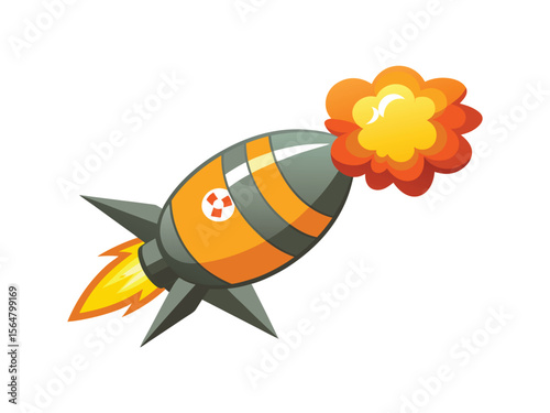 Cartoon rocket ship blasting off with fiery exhaust and a bright explosion effect
