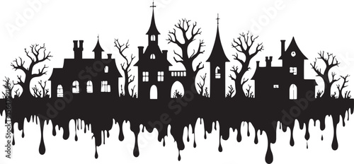 Spooky village silhouette with dripping effect halloween