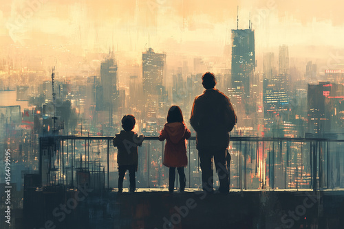 Family enjoying a serene moment on their apartment balcony overlooking the city skyline at sunset
