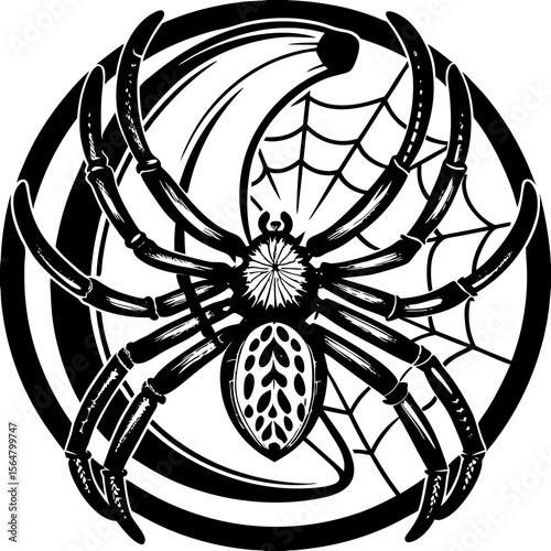 Black and white spider web design circular graphic intense Halloween art