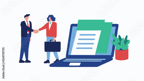 Two business people shaking hands next to a laptop displaying documents and a potted plant on a table