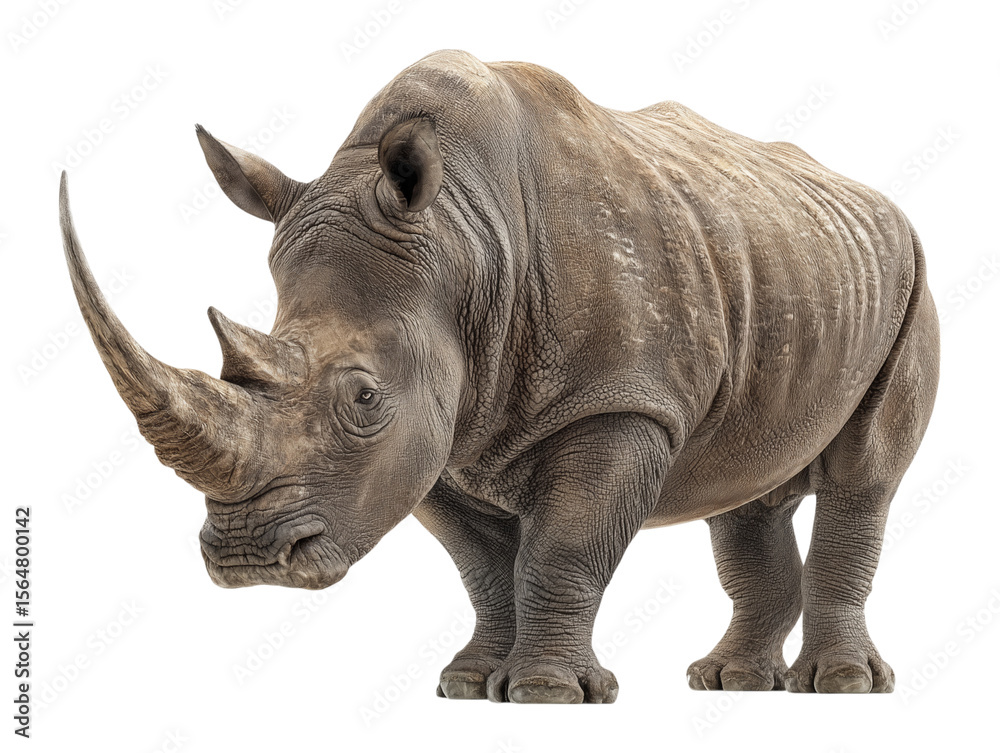 Fototapeta premium A solitary rhinoceros with a robust physique and a formidable horn stands gracefully, isolated on a white background