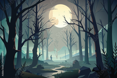 Dark, scary Halloween night landscape with a twisted tree silhouette against a moonlit sky, adorned with flying bats and a witch illustration, perfect for a horror-themed vector design