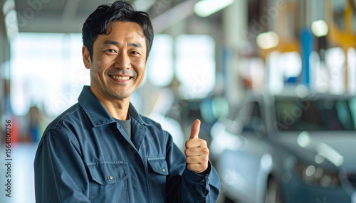 車検中の整備士が笑顔でグッドサインを見せるシーン – Smiling Auto Mechanic Giving Thumbs Up During Vehicle Inspection
