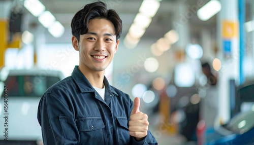 笑顔で車検をサポートする若手整備士 – Japanese Young Male Mechanic Giving a Thumbs Up During Vehicle Inspection