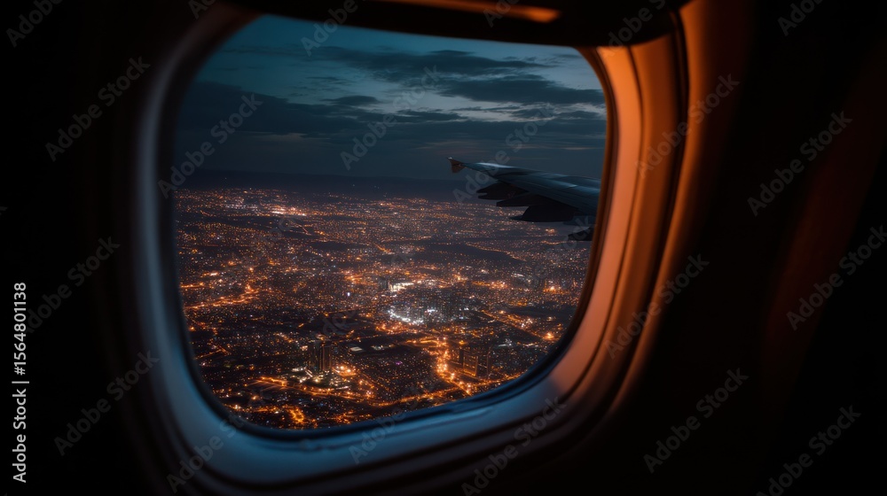 Naklejka premium Nighttime flight with city lights visible below, soft glow from cabin window