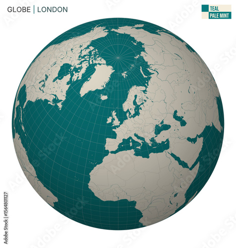 Vector Globe centered to London. Teal Pale Mint palette. World map with meridians, parallels, countries, rivers and lakes. Classy vector illustration.