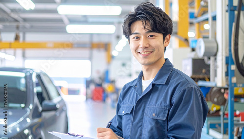 車検書類を記入する若手整備士の笑顔 – Japanese Male Mechanic Smiling While Filling Out Inspection Documents