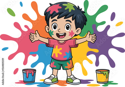 Cheerful Child with Colorful Paint Splatters