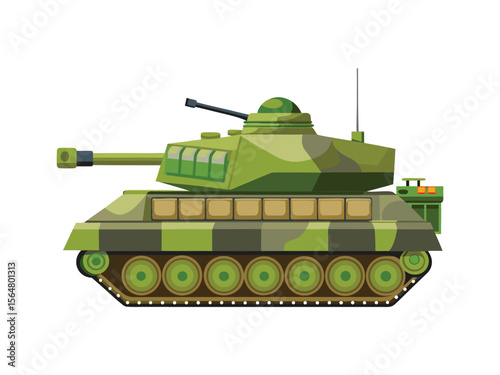 Modern green camouflage battle tank with a large cannon and turret isolated on white background
