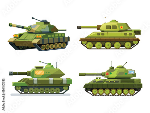 Collection of four distinct military tanks with camouflage patterns on white background

