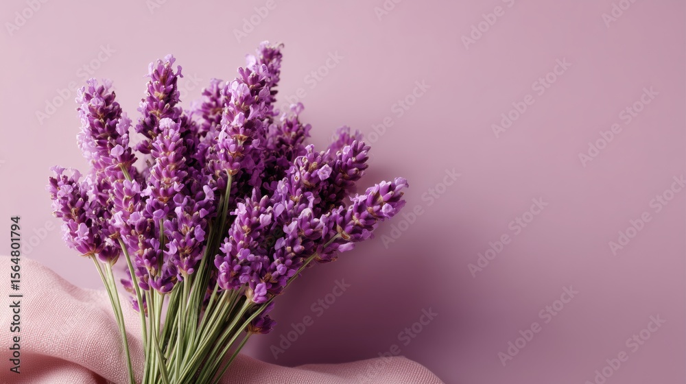 Fototapeta premium A bouquet of fresh purple lavender lies gently on soft pastel fabric. Minimalist composition, natural texture, calm romantic mood, and soft light ideal for wellness or interior design themes.