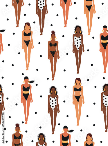 Pattern of girls in swimsuits on a white background.