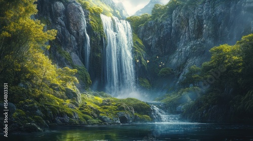 Enchanting waterfall cascading through a lush landscape of vivid greens and tranquil waters