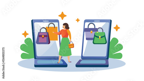 Woman shopping for handbags online using two smartphones with stars and foliage accents displayed around them