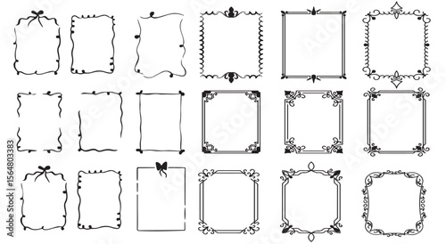 Square doodle stamp frames, hand-drawn wavy curly monograms. Edgings and cadres with simple sketchy scribble swirl design elements. Isolated. Vector illustration.
