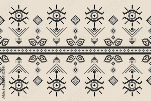 Seamless pixel pattern featuring mystical eye symbols, Greek motifs, and geometric leaves. Perfect for textile prints, boho fashion, and metaphysical product design.
