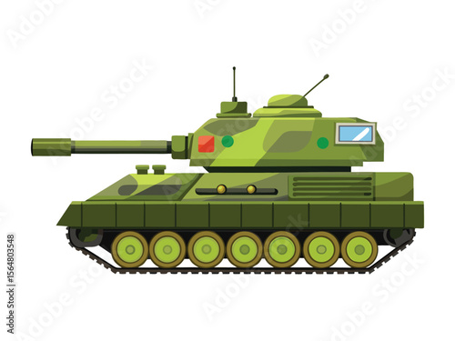 A detailed illustration of a green military tank with camouflage pattern and a long cannon
