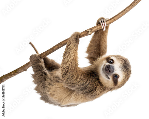 A small sloth hanging upside down on a small branch and smiling, isolated on a transparent background. design illustration