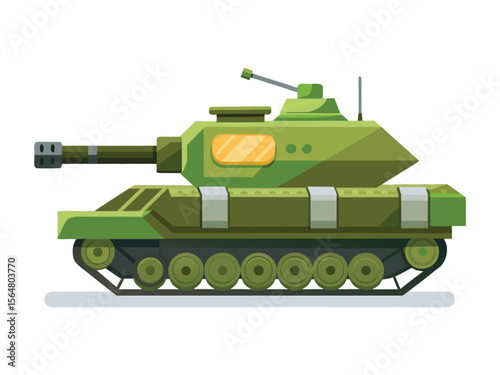 Modern green military tank with a large cannon and tracks on a white background
